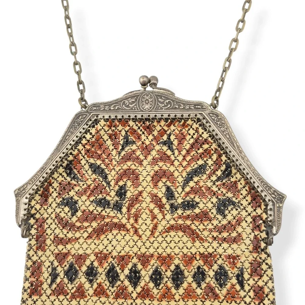 Antique Mandalian Art Deco Enamel Mesh Flapper Purse Red Black Yellow Beige 20s